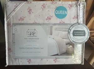 Shabby Chic The Farmhouse by Rachel Ashwell Pink Rose Floral Queen Sheet Set 4pc - Picture 1 of 2