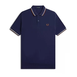 Fred Perry Men's Short Sleeve M3600 Twin Tipped Polo Shirt French Navy/Ecru/Brwn - Picture 1 of 6