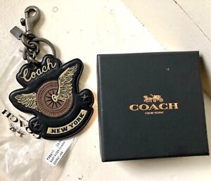NEW COACH EASY RIDER LEATHER BAG CHARM OR KEY FOB winged tire KEY RING &CLIP $65