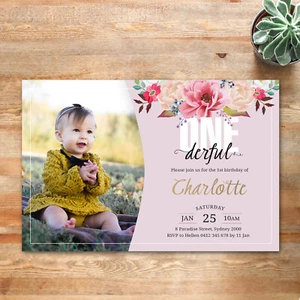 Personalised First Birthday 1st Invitation Invite Floral Girls onederful Digital - Picture 1 of 3