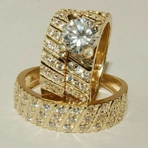 14k Yellow Gold Plated His & Her Trio Ring Set 2.50Ct Round Lab-Created Diamond - Picture 1 of 7