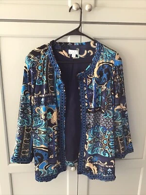 Chaqueta abierta forrada estilo marroquí manga 3/4 mezcla polietileno Joan Rivers 1X azul Foto 1 de 4