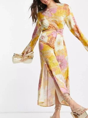 Topshop Tropical Floral Cut Out Midi Dress Flowy Occassion Multi Yellow Pink 10 - Image 1 of 4