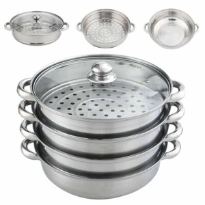 LARGE 4 Tier 28cm Stainless Steel Steamer Cooker Pot Set Pan Cook Food Glass Lid - Picture 1 of 12