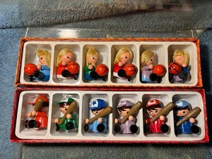 Vintage Enesco Wooden Party Favors Boy w/Bat/ Girl w/Ball Taiwan NIP (b1) - Picture 1 of 9