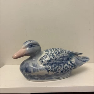 Decorative blue white painted Porcelain Duck Figure Ornament 9” - Picture 1 of 7