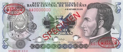Honduras  5  lempiras  4.10.1978  Specimen  Series AA Uncirculated Banknote AAZ6 - Image 1 of 2