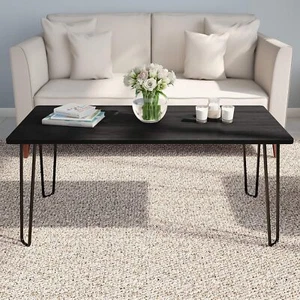 Modern Industrial Coffee Table with Hairpin Legs, Woodgrain & Steel (Black) - Picture 1 of 6