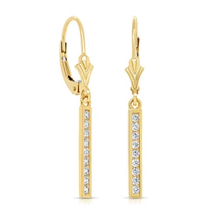 14K Real Solid Gold Pave Linear CZ Bar Dangle Drop Earrings Lever-back Hoops - Picture 1 of 9