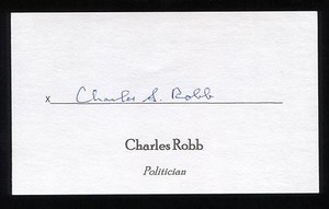 Charles Robb Signed 3x5 Index Card Signature Autographed Politician Senator