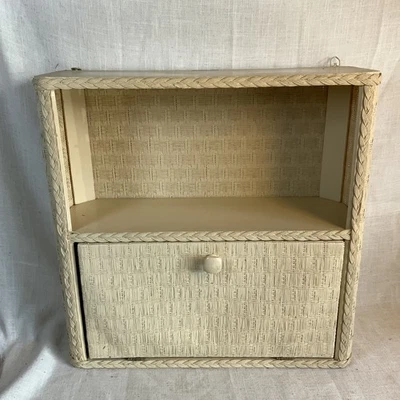 Vintage Off White Wicker Wall Shelf Free Standing  18.25" x 18” REDMON - Image 1 of 4