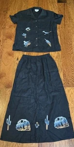 Vintage Kitty’s Closet Linen Skirt Top Set Petite Small Black Desert Theme - Picture 1 of 17