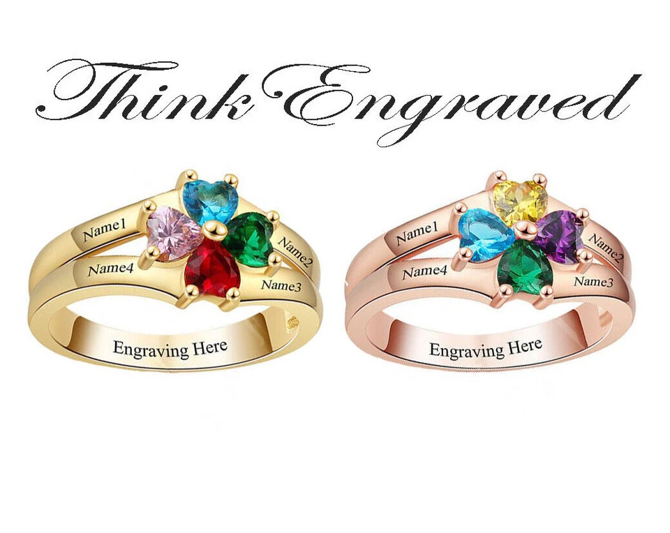 Anillo de madre con 4 corazones piedra de nacimiento oro 14k diseño de flores 4 nombres grabados Foto 1 de 4