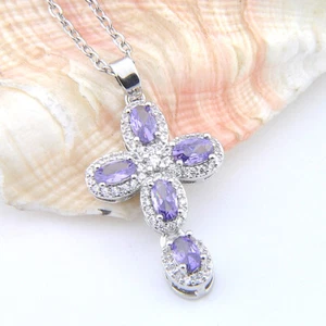 Xmas Mystical Natural Purple Amethyst Gemstone Silver Cross Necklace Pendants - Picture 1 of 10