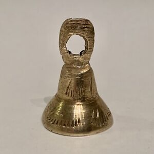 Vintage Indian Etched Brass Hanging Bell with Handle Made in India Marked 1.75”