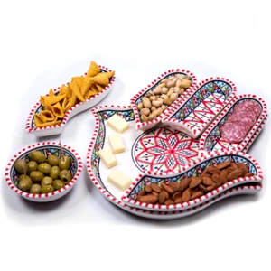 Large Red Hamsa 7 Piece Hand of Fatima, Handmade Dipping and Serving Set - Picture 1 of 5