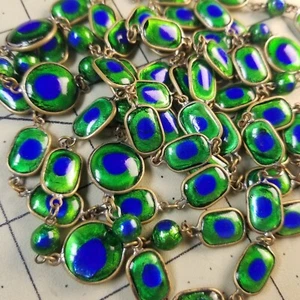 Antique RARE 54" Long Bezel Set Peacock Eye Foil Glass Art Nouveau Necklace - Picture 1 of 21