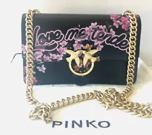 NWT PINKO Love Me Tender Flowers Black Leather Chain Strap Shoulder Flap Bag - Picture 1 of 12