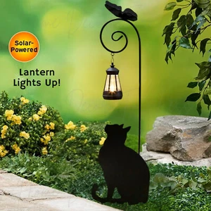 Cat Silhouette Yard Stake w Solar Powered Lantern Butterfly Outdoor Garden Decor - Picture 1 of 4