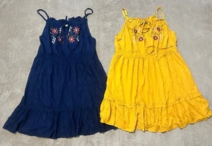 FEATHERS 3X Tiered Dress Lot Floral BOHO Flowy Yellow Navy Blue - Picture 1 of 4