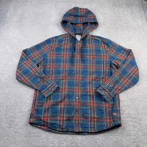 LL Bean Hooded Shirt Mens Medium Blue Red Plaid Flannel Snap Front Hoodie - Picture 1 of 14