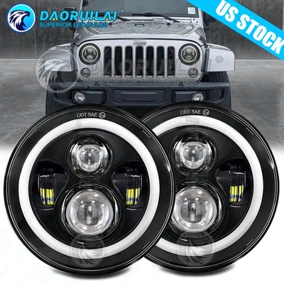 Pair 140W Black 7" Round Led Headlights for Jeep Wrangler 1997-2018 TJ LJ JK - Image 1 of 4