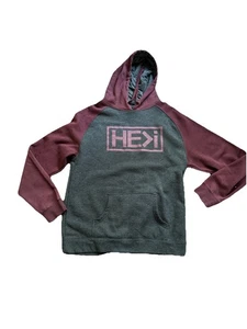 He Is Greater Than I HE I XL Hoodie Graphic Sweatshirt Wine Grey Raglan Jesus - Picture 1 of 3