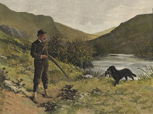 FLACH BESCHICHTETER RETRIEVER HUND GRUSS NOTIZKARTE MANN MIT WAFFE HUND APPORTIEREN - Bild 1 von 1