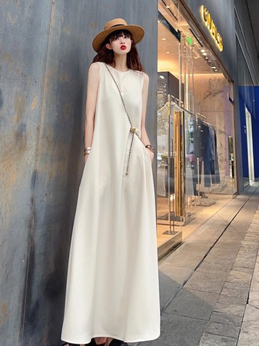 OFF WHITE Abito gilet donna estivo chic senza maniche pullover super lungo linea ad A gonna casual