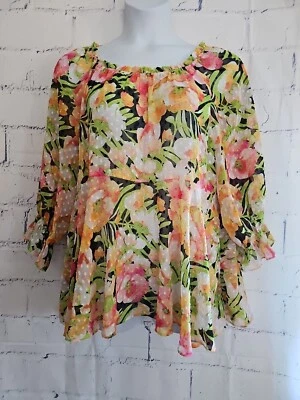 Cato est. 1949 多色花卉农民衬衫尺寸 XL Flutter Cuff 圆领 — 第 1/4 张图片