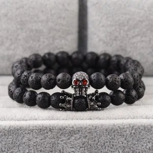 2PCS/set Black Lava Stone Pave CZ Skeleton Skull & Double Crown Charm Bracelets  - Picture 1 of 26