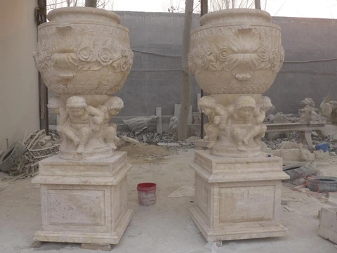 PR. OF HAND CARVED TRAVERTINE MARBLE ESTATE CHERUB URNS - MCU2 Cover