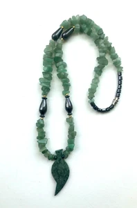 Jadeite And Hematite Beaded Necklace with Leaf Pendant, Genuine Jade, 21" Length - Foto 1 di 10