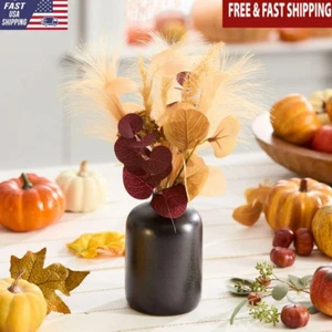 Elegant Black Ceramic Vase W/ Artificial Brown Floral Arrangement Indoor Decor - Picture 1 of 6