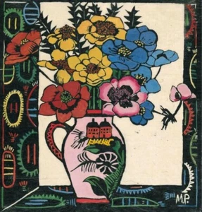 Pink Jug Woodcut Print Margaret Preston 1925 Australian Modernist Floral Art - Picture 1 of 2