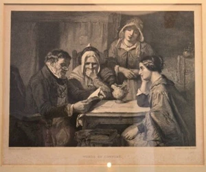 Antique Art Framed print "Words Of Comfort" Thomas Fared 1865 Victorian art B&W - Picture 1 of 10