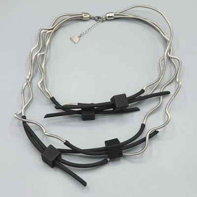 Sandrine Giraud Paris Desordenado Tono Plata Bobina Negro Goma Barba Alambre Collar 20" Foto 1 de 4