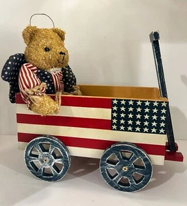 VTG Country Patriotic Bear in Flag Wagon – Americana Folk Art Rustic USA Decor - Picture 1 of 16