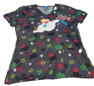 Frosty the Snowman Womens Medium Gray Scrub Top Short Sleeve Snowflakes 26x20 - Picture 1 of 9