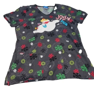 Frosty the Snowman Womens Medium Gray Scrub Top Short Sleeve Snowflakes 26x20 - Image 1 of 4