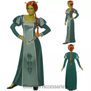 CA71 Womens Princess Fiona Green Shrek Fancy Dress Tudor Medieval Costume + Wig - Picture 1 of 4