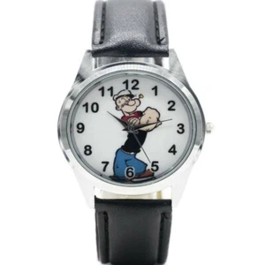 Popeye Cartoon Character Black Leather Band Timepiece - Picture 1 of 1