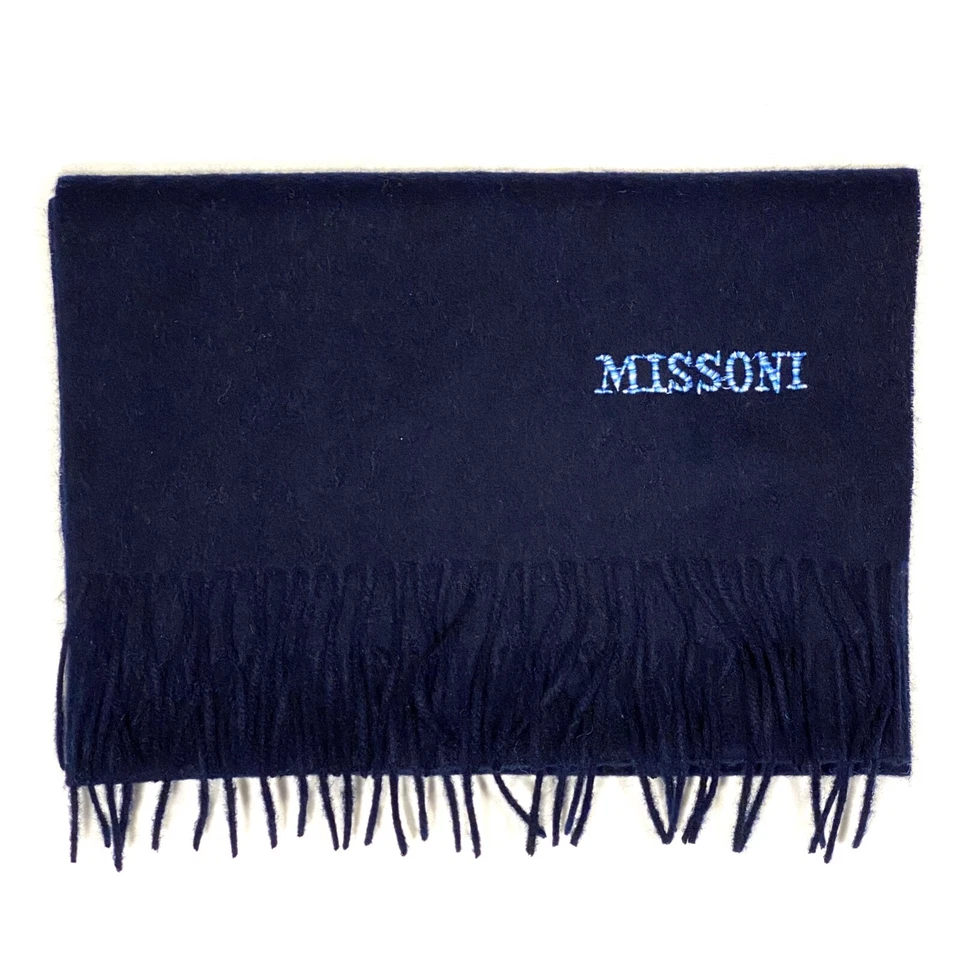 MISSONI Hombres Mujeres Lana Flecos Bufanda Azul Logo Azul Marino Gris Beige Foto 1 de 1