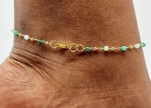 Green Glass Beads chain ankle bracelet foot anklet 25 cm - Picture 1 of 2