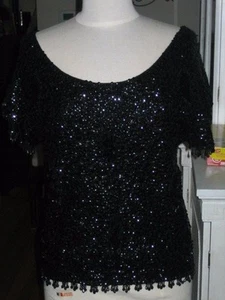 VINTAGE CARDELL BLACK LINED WOOL SEQUIN BEADED TOP w/ CAP SLEEVES SMALL 34-36"  - Picture 1 of 11