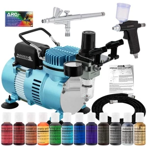 2 Airbrush Cake Decorating Compressor Kit, 12 Color Chefmaster Food Coloring Set - Picture 1 of 5