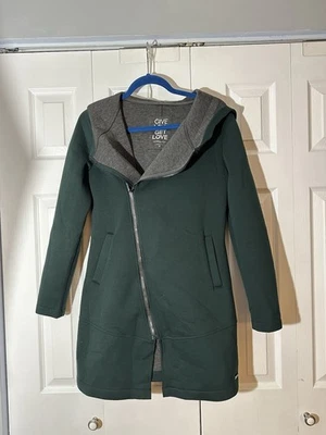 Chaqueta Betsey Johnson Performance para mujer XS verde con capucha asimétrica elástica Foto 1 de 4