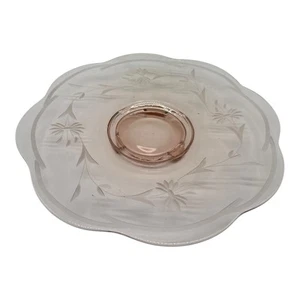 Vintage 3 Footed Pink Depression Glass Platter 13.5” Etched Floral & Wheat - Picture 1 of 14