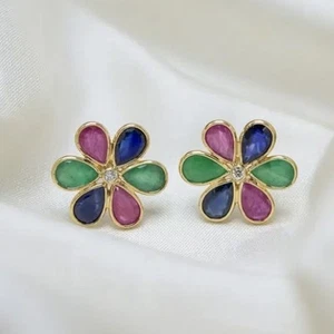 Pendientes de oro amarillo macizo de 18 quilates con rubí natural esmeralda y diamantes con flores - Imagen 1 de 2