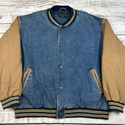 VTG Cambridge Classics Sz XL Men’s Denim Varsity Bomber Jacket Beige Sleeves - Image 1 of 4